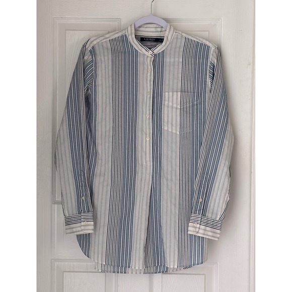 Lauren Ralph Lauren Tops - Lauren Ralph Lauren Blue White Striped Mandarin Collar Pullover Shirt M